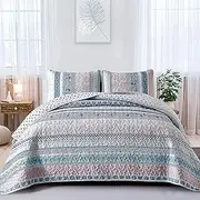 WONGS BEDDING Boho Quilt Set Super King Size, Blue Bohemian 3 Pieces Quilt Sets, Lightweight Bedspread Coverlet Bedding Set for All Season (120"x114")