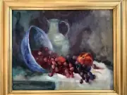 Original Framed Oil Painting 16”x20” Peach Grapes Still Life Artist Signed