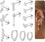 Adramata 12Pcs Helix Piercing Jewellery Surgical Steel Tragus Earrings Set Flat Back Earrings Stud Flower Ear Piercing Helix Hoop Cartilage Earrings Silver Gold Conch Daith Tragus Piercing Jewellery