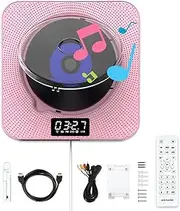 Wall Mountable CD Player, 10W Versatile Music System for DVD VCD CD HD-CD MP3 with Pull Switch and Remote Control, Dual Speaker Stereo, Bluetooth Record Player for Sports, Study, Work, Loop Play Pink