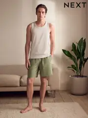 Sage Green/White Linen Blend Vest Pyjamas Shorts Set (AB1250) | $28