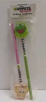 NOS Disney The Muppet Pencil And Eraser Set Miss Piggy Kermit The Frog Henson