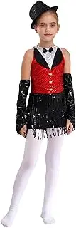 [Choomomo] Girls Sparkly Sequin Tuxedo Bodysuit Fringe Latin Modern Tap Dance Outfits with Gloves and Hat Set