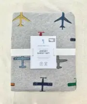 Pottery barn kids Jersey knit In Flight Sheet Set Queen Air Plane Grey Blue Soft