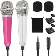 uxcell 2Pcs Mini Microphone, Mic Tiny Microphone with Sponge Cover, Holder and Drawstring Bag Portable for Karaoke Voice Video Recording Singing (Rose Red/Silver)