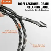 Drain Cleaning Cable 100 FT x 5/8 Inch Professional Sectional Drain Cleaner Cable with 7 Cutters for 0.8" to 3.9" Pipes Hollow Core Sewer Drain Auger Cable