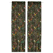 VILDPERSILJA curtains, 1 pair, black-green multicolour/floral pattern with heading tape, 145x250 cm
