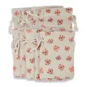 10 Snowflake Drawstring Bags, Tan & Red Metallic Christmas Cloth Pouches