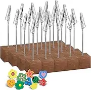 20 Pcs Table Number Holders, Wood Place Card Holder Photo Holder, Lightweight Wooden Cube Base Memo Clips Holder with Alligator Clip and 10 Pcs 3D Wooden Push Pins Thumb Tacks (Retro Color)