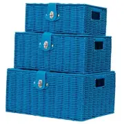 Set of 3 Woven Wicker Storage Basket Box with Lid & Lock, Built-in Sky Blue