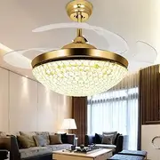 FanLighting 42 Inch Invisible Reversible Ceiling Fan with LED Lights and Remote Control, 4 Retractable Blades Fan Chandelier for Bedroom, Indoor Crystal Ceiling Light Kits with Fans (Gold-02, 107 CM)
