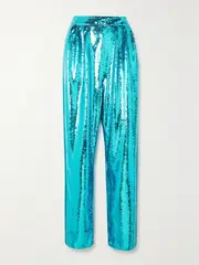[TOM FORD] TOM FORD - Pleated Silk Satin-trimmed Sequined Tulle Pants - Turquoise - IT40 IT 40 Blue