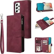 for Samsung Galaxy A53 5G Wallet Case,for Galaxy A53 5G Case,Boyobacase PU Leather Wallet Flip Cover Stand Feature[ 6 Card Slots and 1 Zipper Coin Pocket] with Wrist Strap-Wine Red