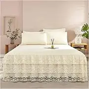 Skirt Ruffled Bed Skirt, 3-Layer Lace Non-Slip Bed Skirt Mattress Cover Hidden Storage Multicolor Multiple Sizes(Beige,1pc 150cmx200cm)