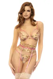 [Mapale by Espiral] Garden Blush 3 Piece Embroidered Lace Bra Set with Garter Belt & G-String
