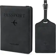 [ILIYAH] Passport Holder Luggage Tag Set-Family Travel Wallet, RFID Leather Passport Cover UK,Luggage Tags for Suitcases, British Travel Tags Kids, Black, Casual