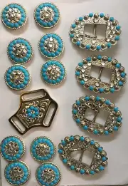 Western Conchos 10 pcs set with western buckle set 20mm 4 silver and Turquoise