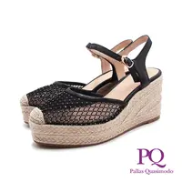 在飛比找PChome24h購物優惠-PQ(女)透紗楔型編織皮釦涼鞋 女鞋-黑色
