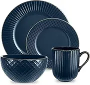 [Tower] T867002MNB Empire 16 Piece Dinnerware Set, Stoneware, Midnight Blue and Brass