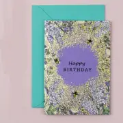 APPLE & CLOVER Gold Foiled Birthday Floral Bees Card Purple Blank Birthday Card