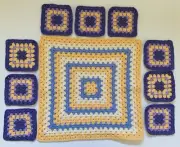 Handmade Crocheted Large Granny Square + 9 Small Pure Wool Blue Lemon LOT