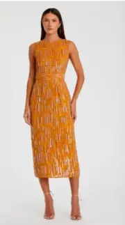 NWT Mac Duggal Abstract Beaded Midi Saffron Dress 70264 Size 4, See Details