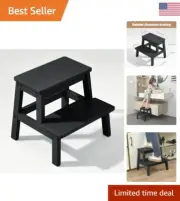 Wooden Bed Step Stool - Solid Wood, Multi-Purpose 2-Step Stool for Adults & Kids