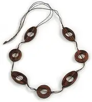 [Avalaya] Oval/Round Brown Wooden Bead with Brown Cotton Cord Necklace - 84cm L, cords Wood