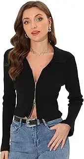 [Allegra K] Women's Crop Knit Shrug Pullover with Zip Long Sleeve Collared Top Jacket