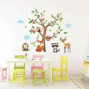 PLIGREAT 2 Sheets Watercolor Jungle Animal Wall Decal Cartoon Monkey Fox Trees Wall Stickers for Kids Bedroom Living Room Cabinet Nursery Decoration DIY Creative Wall Art Decor