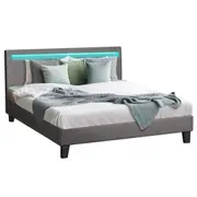 Oikiture Bed Frame RGB LED Queen Double King Wooden Slats Fabric Leather