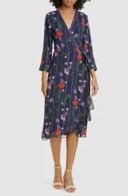 $690 Ted Baker London Women's Blue Hedgerow Floral Stripe Wrap Dress Size US 2