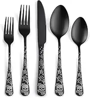 SANLUNS 40 Piece Skull Pattern Matte Silverware Set for 8, Black Flatware Set Service for 8,Unique Skull Pattern Design,18/0 Stainless,Satin Finish Cutlery for 8,Dishwasher Safe