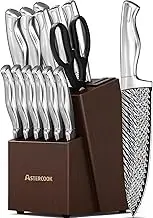 Knife Set, 15 Pieces Kitchen Knife Set with Built in Sharpener Block, German Stainless Steel Knife Block Set
