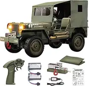 RC Military Truck Rock Crawler, 1:10 4WD Off-Road Remote Control Military Jeep with Winch, Canvas & 2 Batteries, 2.4G All Terrain Army Climbing Vehicle with LED Lights, for Kids Adult