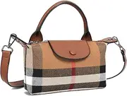 [Waiyqju] Small Size Luxury Plaid Women's Top Handle Handbag Canvas and Leather Mini Fanny Pack Contrasting Colors Satchel