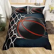Boys Basketball Print Bedding Set Sports Theme Duvet Cover for Kids Children Teens Ball Games Comforter Cover Geometric Stripes Orange Balck Bedspread Cover Bedroom Decor Quilt Cover 3Pcs Full Size