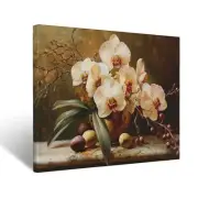 Classical Botanical Oil Painting Orchids & Olive Branches, Deep Tones & Smooth T