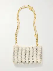 [RABANNE] RABANNE - 1969 Nano Embellished Leather And Shearling Shoulder Bag - Ecru - One size One size Ecru