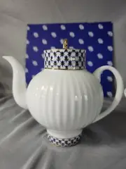 Lomonosov Porcelain Cobalt Net Bone China Tea Coffee Pot Hand Painted Russian