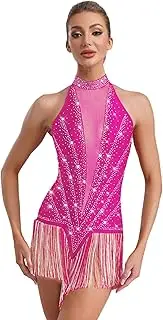 [inhzoy] Womens Sleeveless Tassels Latin Dance Costume Sheer Mesh Patchwork Shiny Rhinestones Fringed Leotard Dress