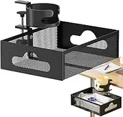 Under Desk Storage Drawers - 360-Degree Under Desk Organizer with Cup Holder,Rotating Desktop Stationery Shelf for Phones Water Bottles Headphones Chargers Notebooks