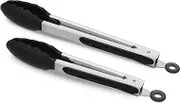 Premium 2-Piece Kitchen Utensil Set Featuring Stainless Steel and Silicone Tongs for Cooking, Serving, Salad, and Baking - Kitchen Tweezers, Metal Tongs with Silicone Tips (Black)