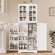 TOLEAD 64" Kitchen Pantry Cabinet, Tall Storage Cabinet with Glass Doors & Adjustable Shelves, Modern Cupboard for Kitchen, Living Room, Dinning Room, White