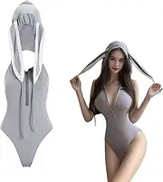 [NSKRKOW] Bunny Costume Women Cosplay One-Piece Lingerie Bodysuit Rabbit Outfit Women's Zip Backless Rabbit Hoodie