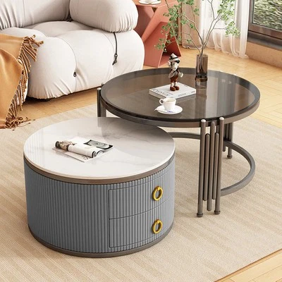 Elegant Coffee Table Set with Glass & Stone Top, 0.7 + 0.6m, Dark Grey Base