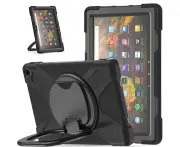 Silicone + PC Protective Case with Holder & Shoulder Strap For Amazon Kindle Fire HD 10 2021(Black+Black)