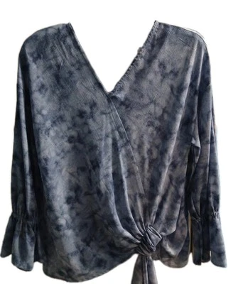 Juicy Couture Blouse Women's Size Medium Blue Tye Dye Tie-Front V-Neck Top Shirt