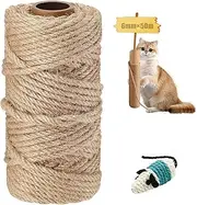 YeaHapiday Sisal Rope 50m x 6mm hemp Rope for cat scratcher Natural Jute Rope with 1 Cat Mouse Toys for Replace Scratching Post, Garden Bundling, Craft Decoration Repair Cat Tree, DIY Projects