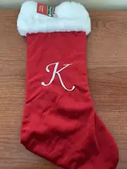 MONOGRAM INITIAL “K” CHRISTMAS STOCKING LARGE ￼RED + WHITE FLUFFY TRIM 17” NWT